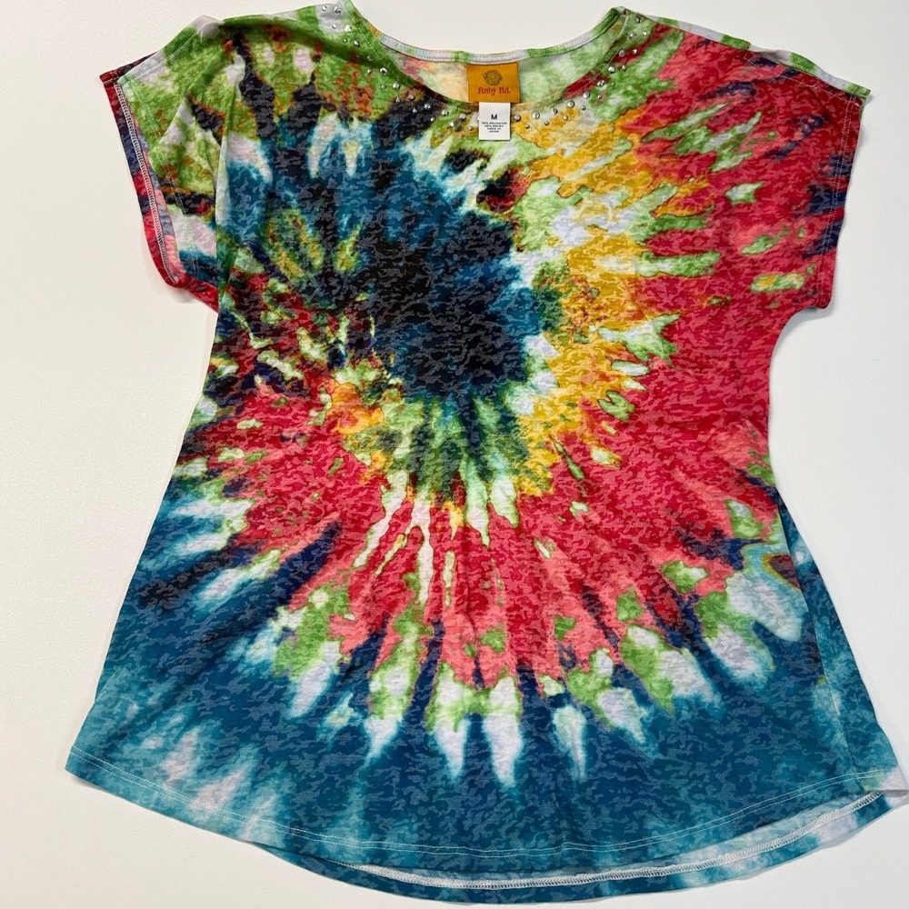 Ruby Rd‎ Women Size Medium Tie Dye Rhinestone Short Sleeve Tunic Top